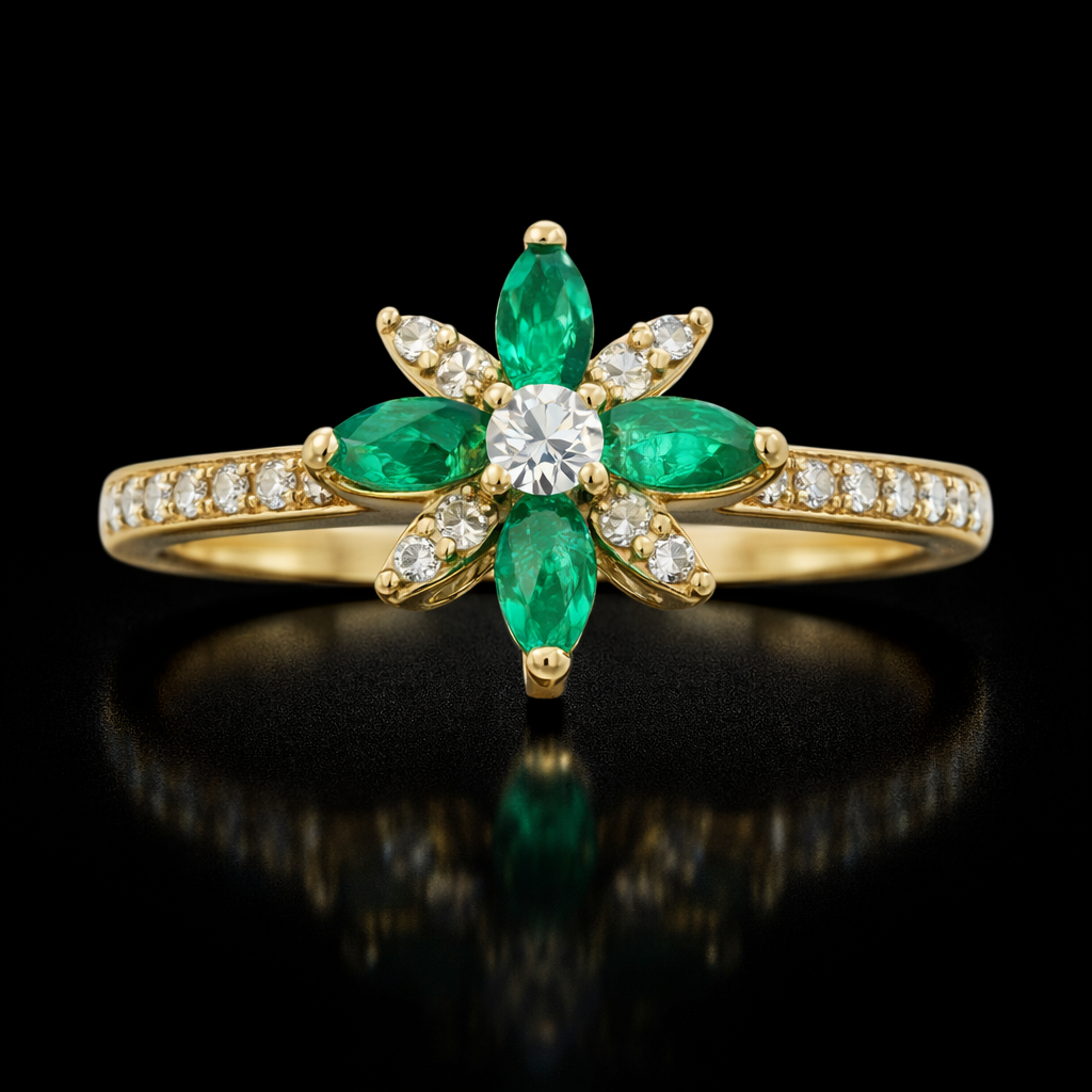 Anillo nochebuena de esmeraldas con diamantes