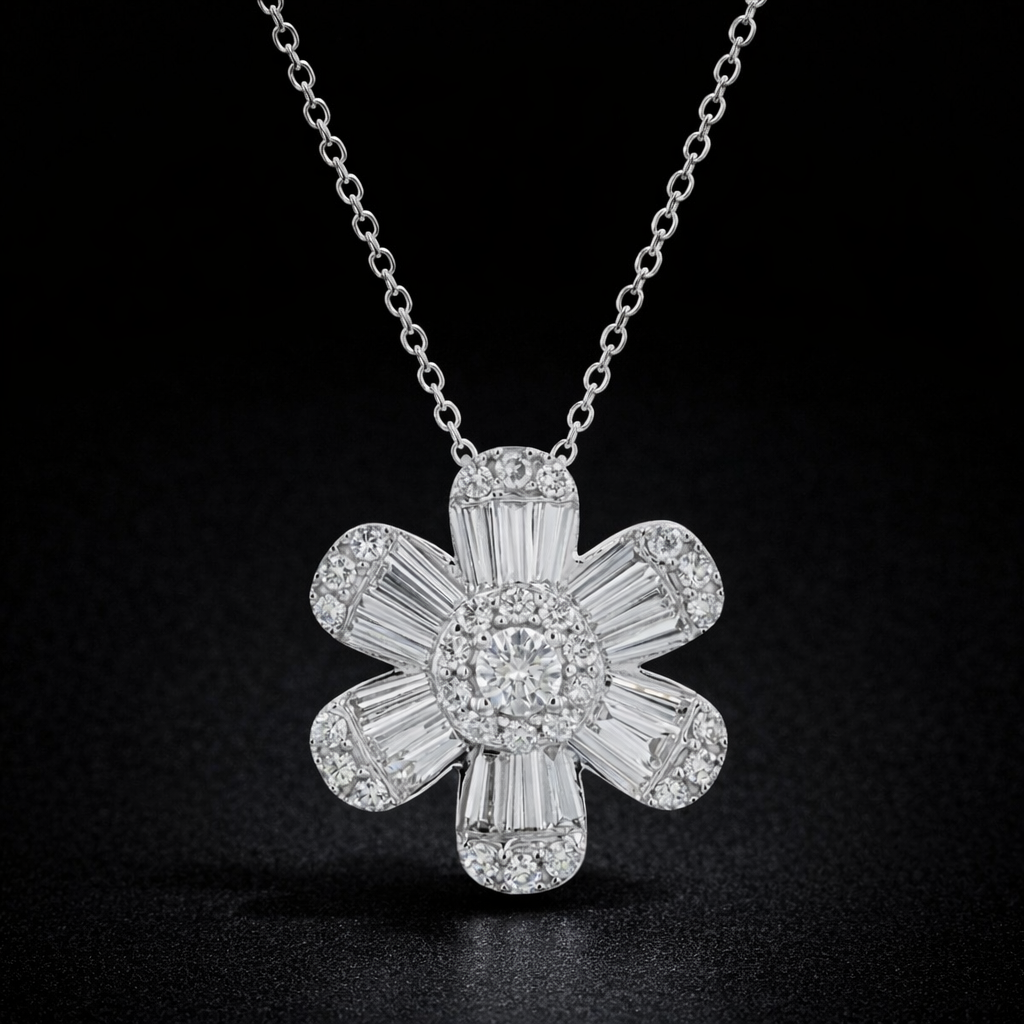 Dije de flor y diamantes naturales en oro blanco 14k