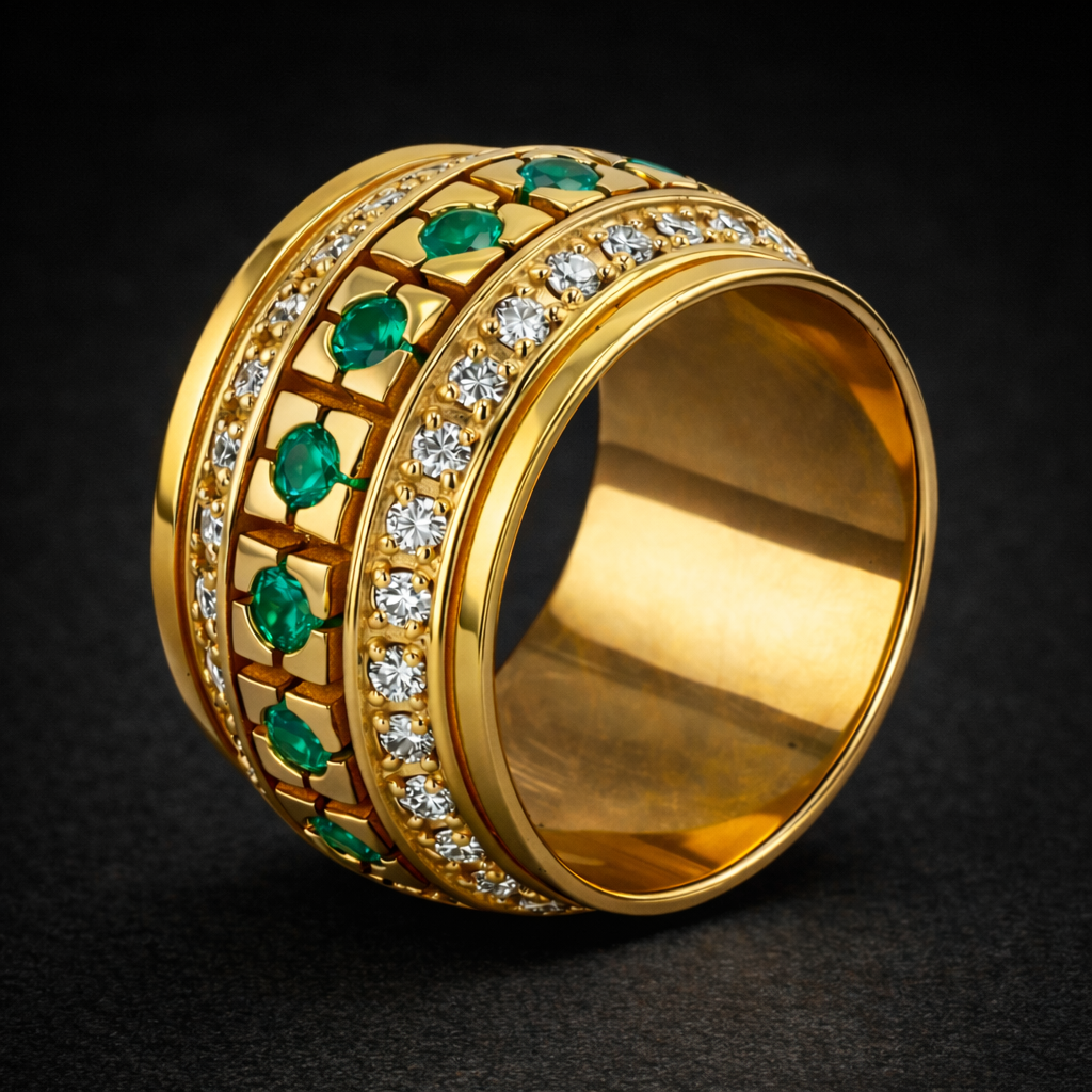 Anillo Esmeraldas y diamantes naturales en oro 14k